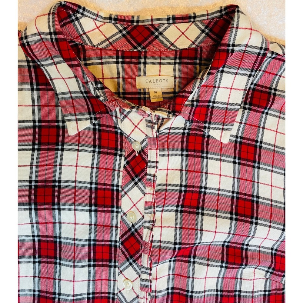 Talbots Flannel Shirt Womens Medium Red Plaid Silver Metallic EUC Button Down